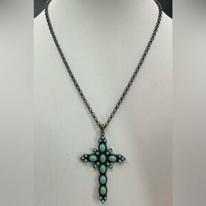 BRONZE TONE FAUX TURQUOISE LARGE CROSS PENDANT NECKLACE